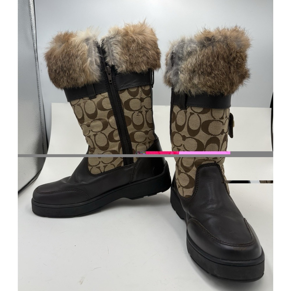 Coach Women's Kimberly Signature C Leather Fabric Fur Trim Winter Boots Brown 7M - Picture 6 of 9